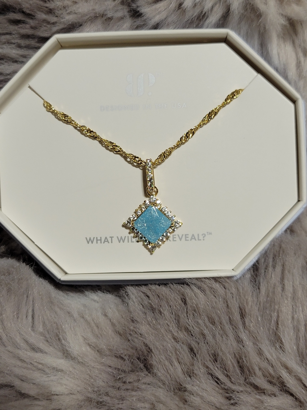 Gold-Tone Necklace with Sky Blue Square Pendant and Crystal Halo